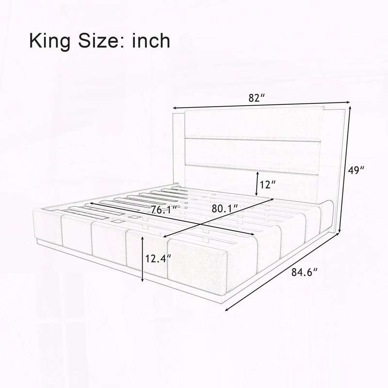 Très grand lit plateforme tapissier avec tête de lit allongée et base en bois, Très grand lit, Gris