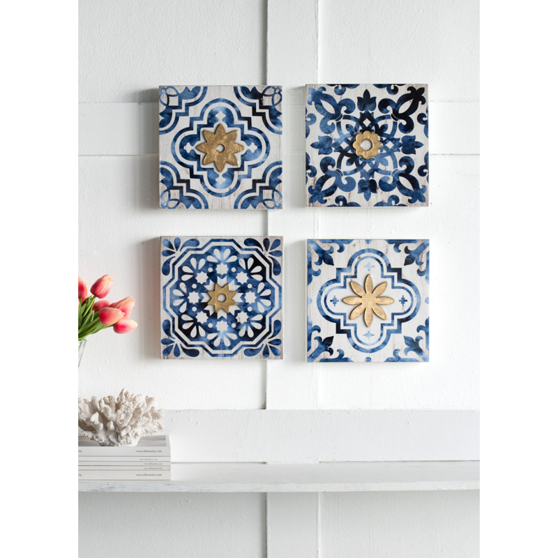 Décoration murale abstraite bleue, blanche et dorée S / 4, 9,5 po x 9,5 po
