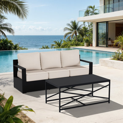 Abdullah 3-Person Modern Aluminum Outdoor Patio Sofas Furniture Set,1 Coffee Table and Beige Cushions