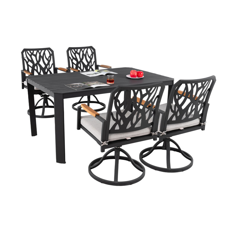 Ensemble repas 5 pièces en aluminium pour l'extérieur avec table rectangulaire et 4 chaises berçantes pivotantes - dossier à branches, coussins Sunbrella, brun bourbon