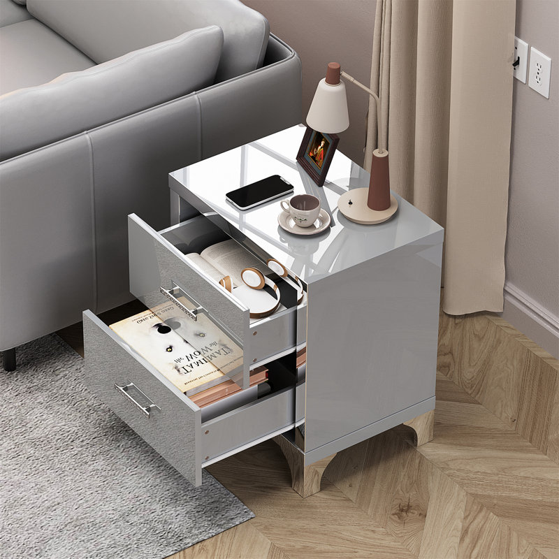 Table de chevet à miroir haute brillance avec 2 tiroirs, Gris