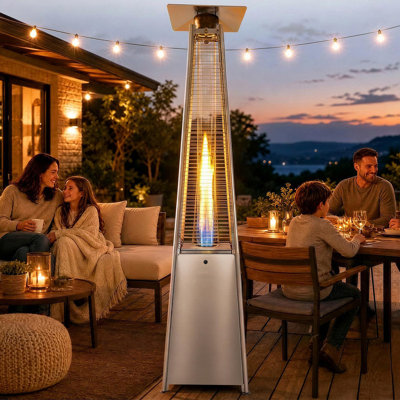 Chauffage de terrasse au propane Pyramid avec roulettes et housse étanche, argenté – Chauffage à flamme extérieure de 227 cm (89,4 po) pour terrasse, patio et bord de piscine