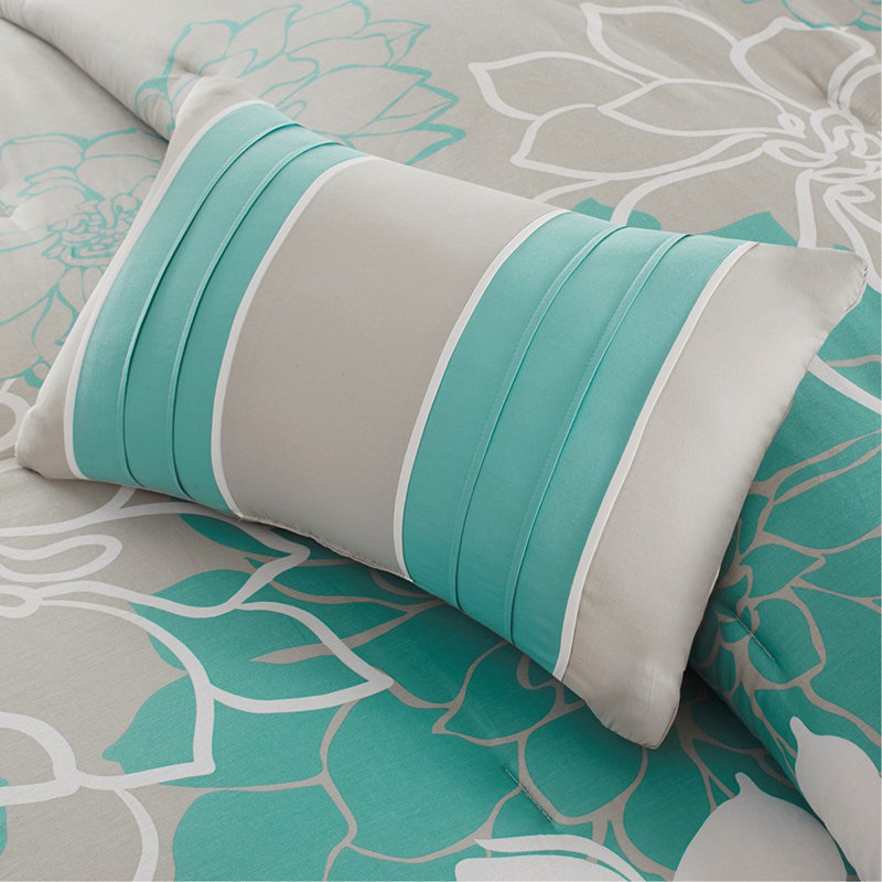 Ensemble d'édredon en satin de coton imprimé grand turquoise, Turquoise, Grand édredon et 6 pièces supplémentaires