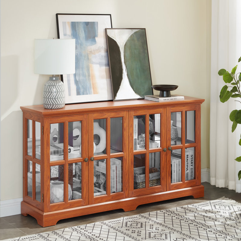 Curio Cabinet With Led Lighting, Adjustable Storage, And Metal Handles For Office Home Showcase Four - Door Antique Display Case Acrylic Back, Lights, Smooth Tabletop Decor Enhancement