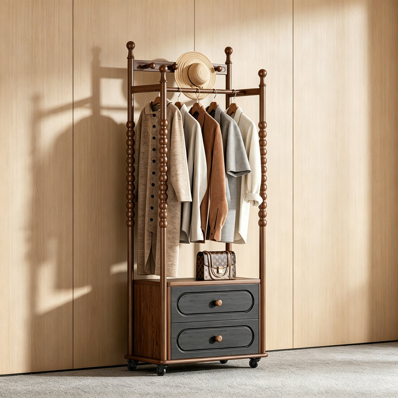 Ash Wood Freestanding Entryway Coat Rack, Brown/Black