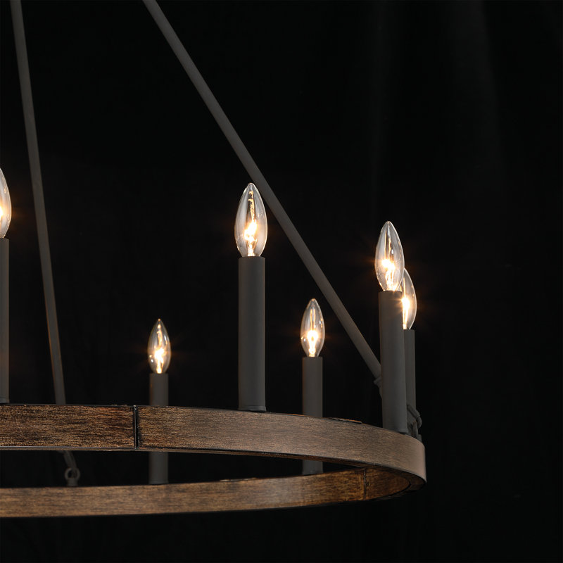 12-Light Candle Style Dimmable Wagon Wheel Chandelier, Walnut