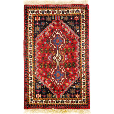 Tapis rouge / crème / bleu marine noué à la main de conception unique 2 pi x 3 pi Persian