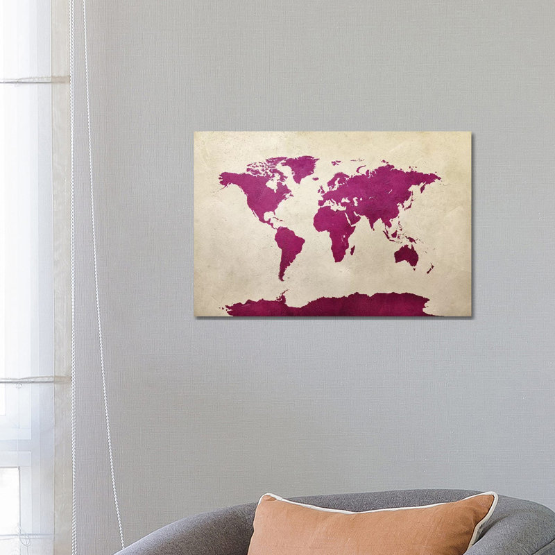 World Map Hot Pink by Michael Tompsett - 1 Piece Wrapped Canvas Wall Art, 66.04 cm H x 45.72 cm W x 3.175 cm D