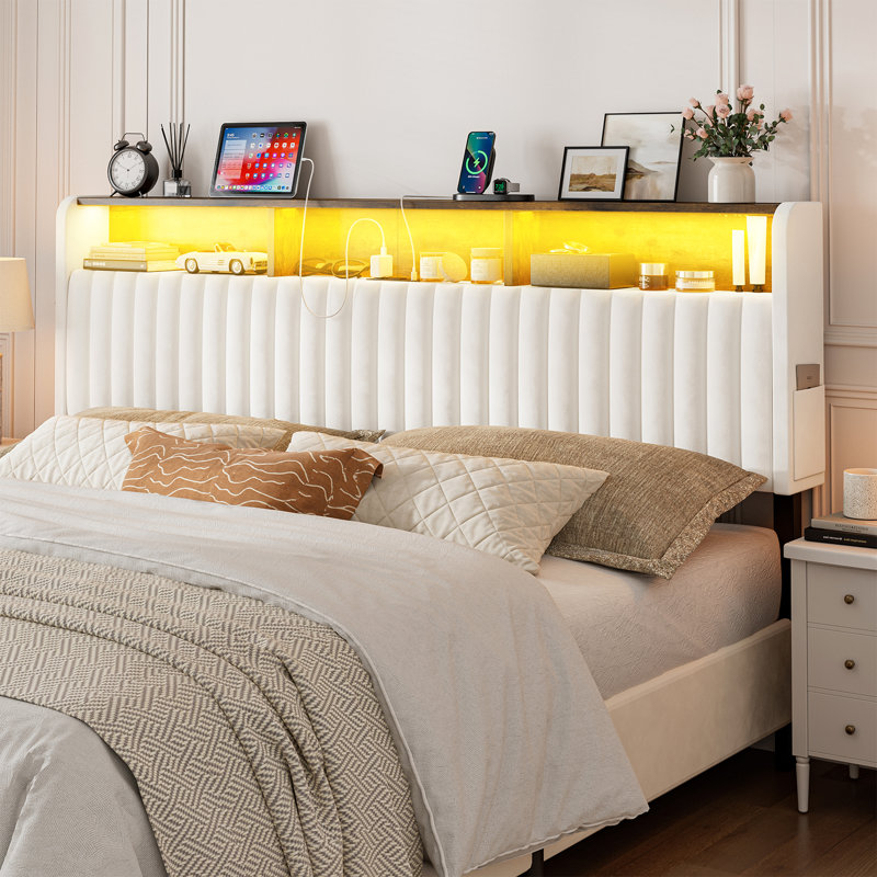  King Size Headboard Only With Storage, Adjustable Height, Velvet Upholstered Head Board With Led Lights & Charging Station, Modern Freestanding Headboard, Easy Assembly, White