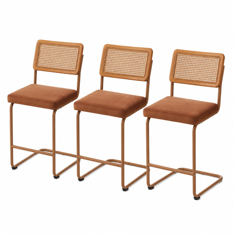 3 pièces Tabouret de bar H 26,1 po - Revêtement en velours - Structure en fer avec dossier en rotin - Tabouret pour îlot de cuisine à hauteur de comptoir - Brun