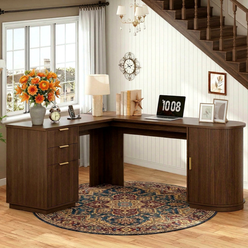 67" Fluted L Shaped Desk with Drawers, Home Office Corner Computer Desk with Storage, Mid Century Modern Executive Desk, Wood Writing Desk with File Drawer and Charging Station, Walnut