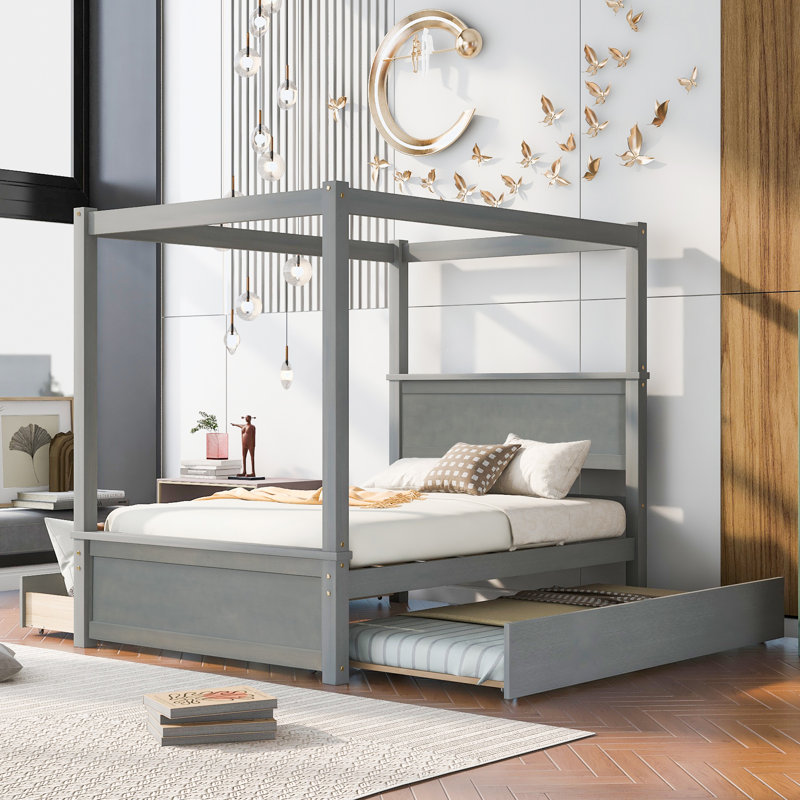 Thermalito Full Storage Canopy Bed with Trundle, Brushed Gray, Yes