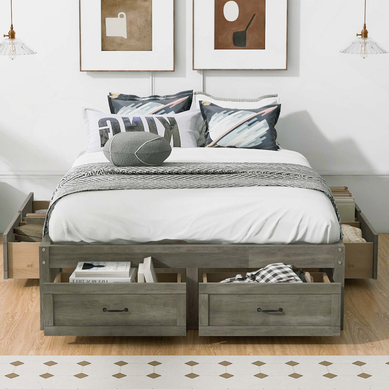 Lit plateforme avec rangement et 6 tiroirs de rangement, Gris antique, Lit double