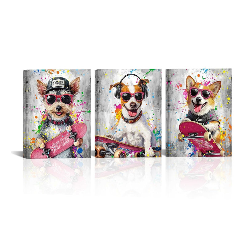 «Black Cool Skateboard Dog», 12 x 16 po, 3 pièces d'art mural en toile pour salle de jeux
