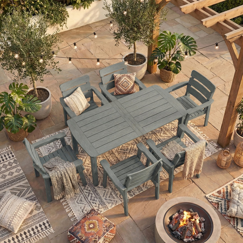 Patio Dining Set For 6 Person All Weather 7 Piece Hips Outdoor Patio Table And Chairs Set With Umbrella Hole For Backyard, Garden, Deck, Poolside, Teak