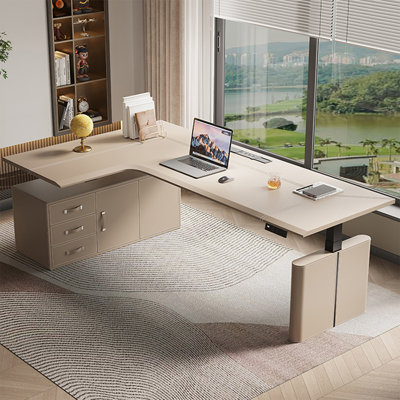 Light-coffee L-Shaped Hight adjustable Manufactured Wood + Carbon Steel 3 drawers desk