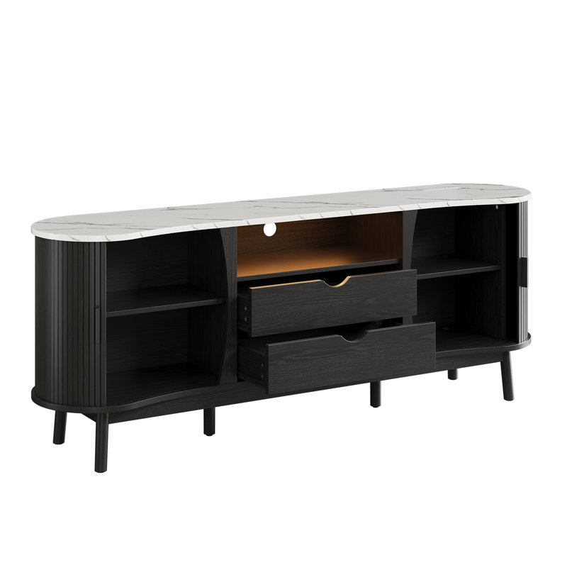 70" Curved TV Stand For Tvs Up To 80", With RGB Light, Drawers & Built-In Power Outlet, Black