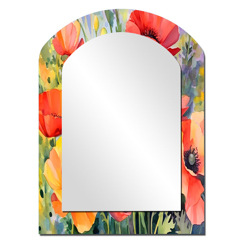 Vibrant Poppies I - Floral Arch Decorative Mirror, Traditional Asymmetrical Large Wall Mirror, Printed Metal Art, 34" x 25"