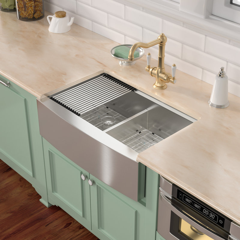 33 Inch Drop-In Farmhouse Apron Front 50/50 Double Bowl Kitchen Sink 16 Gauge SUS304 Stainless Steel Workstation Sink with Cuting Borad and Colander