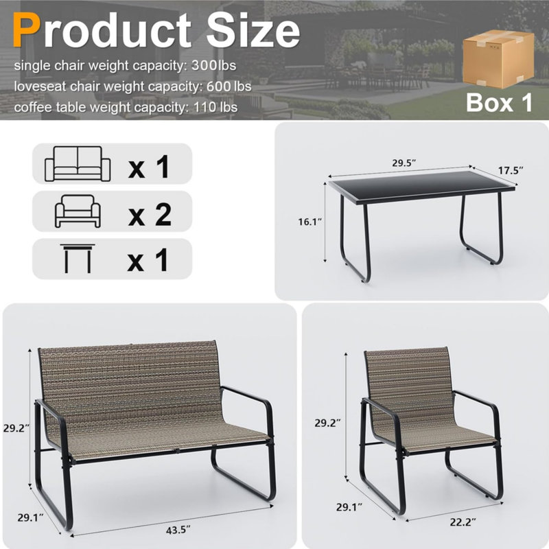 4-Piece PVC-coated polyester Outdoor Patio Sofa Set With Adjustable Feet, Metal Frame & Black Tempered Glass Coffee Table