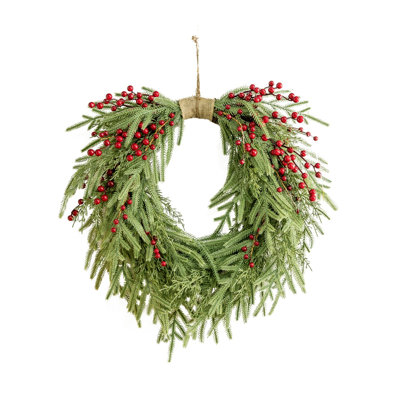 23.6 Inch Natural Cedar Christmas Wreath with Red Berries and Burlap Accent, Farmhouse Holiday Door Decor
