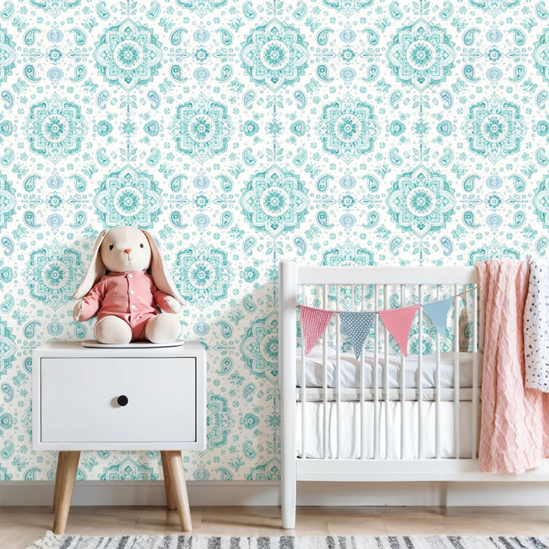 Papier peint auto-adhésif mandala sans soudure Turquoise blanc à motif de motifs indiens traditionnels, L 17,7 po x L 118 po