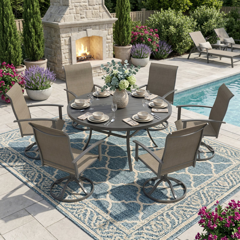 6-Person Patio Dining Set With Swivel Chairs, Black/Brown