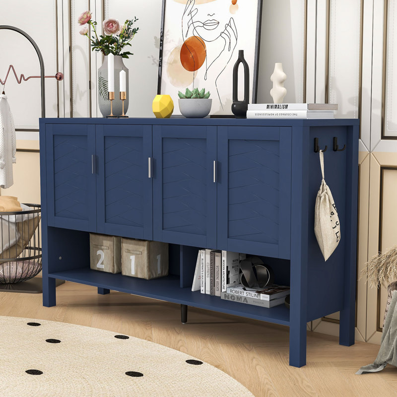 Buffet élégant à quatre portes avec tablettes réglables, portes géométriques et rangement ouvert, Navy Blue