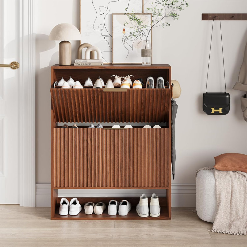 31.5'' Brown Space-Saving Slim Black Shoe Cabinet Wide Freestanding Fluted Shoe Storage with 2 Turn over Drawers Open Bottom Shelf & Side Hooks Hidden Organizer for Entryway or Hallway
