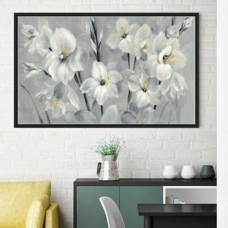 «Flowers on Grey», reproduction de peinture acrylique sur toile, H 39,5 po x l 63,5 po x P 2 po, Cadre flottant noir