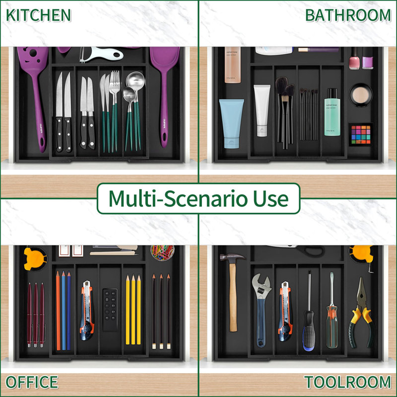 VaeFae Bamboo Drawer Organizer, Expandable Silverware Drawer Organizer, Cutlery Tray with Dividers for Kitchen Utensils (Black, Medium)