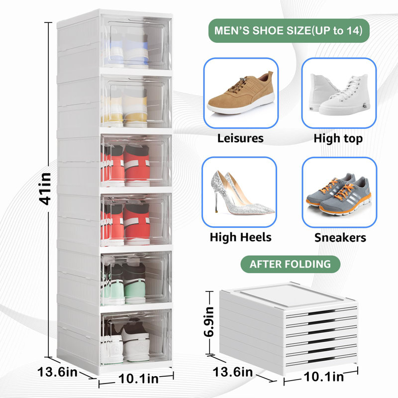 Shoe Organizer Box 6-Tier Foldable Shoe Rack, Fit Size 12, No Assembly Stackable Shoe Organizer Storage Bins Wit, All In One Universal Shoe Storage Boxes For Men And Women