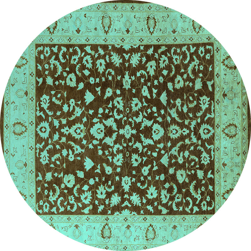 Tapis oriental en laine / polyester tissé à la machine en turquoise / brun, Rond 4 pi