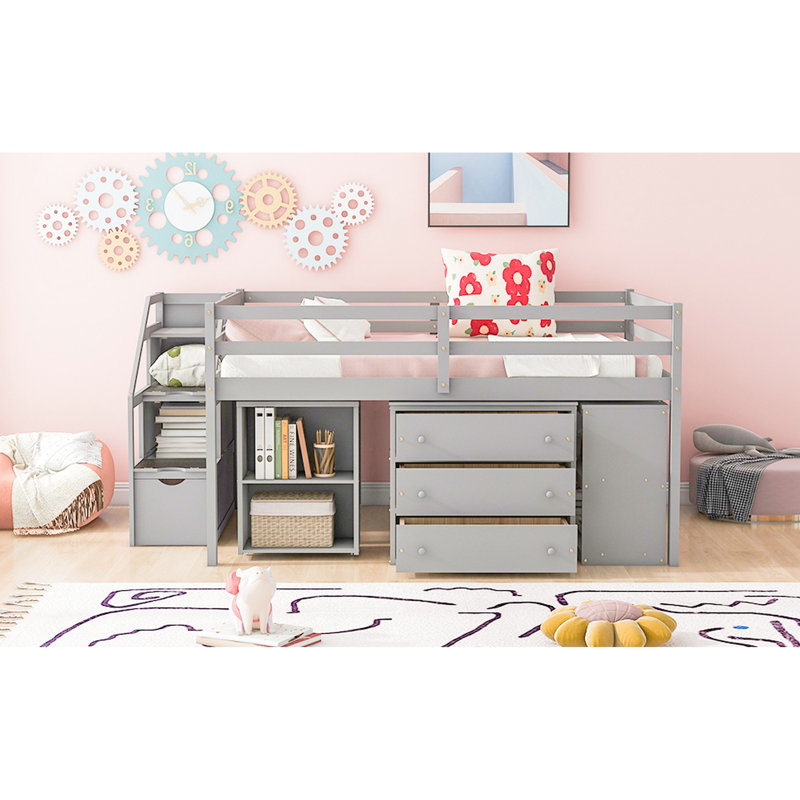Lit mezzanine Space en gris, en bois massif, 3 tiroirs, tablettes de rangement grises de taille bureau, bureau, fabrication en bois