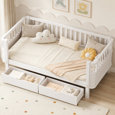Full Size Wood Platform Bed for Kids, Wood Low Profile Full Bed with Rails, White