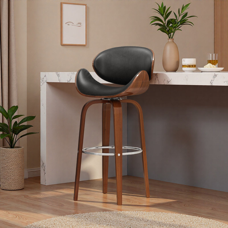 30" Mid-Century Modern Upholstered Swivel Barstool, Black