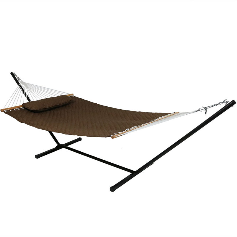 Brown Quilted Double Hammock with Stand and Pillow