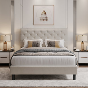 King Size Platform Bed Frame, Velvet Upholstered Bed with Deep Button  Tufted & Nailhead Trim Wingback Headboard/No Box Spring Required/Cream