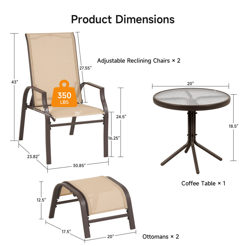Aldos 5-Piece All Weather Outdoor Adjustable High Backrest Chaise Lounge Patio Furniture Set with Ottoman, 20" W Seat Width