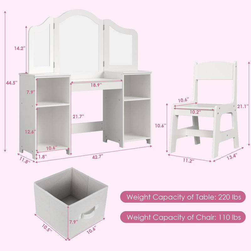 Bureau et chaise de maquillage Melisa 2-en-1 avec miroir amovible pliable en trois, tablettes de rangement Qpen faisant semblant de jouer, cadeau idéal pour les petites filles