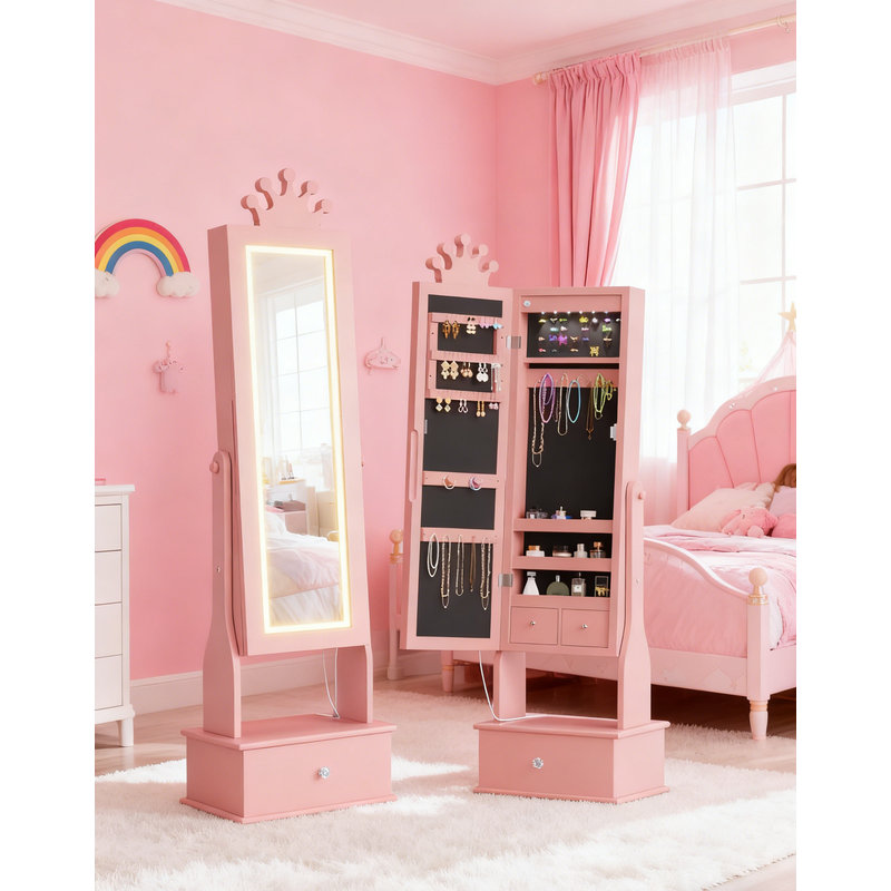 Kids Jewelry Armoire with LED Mirror, 3 Drawers & Princess Design for Girls' Accessory Storage, Light Pink