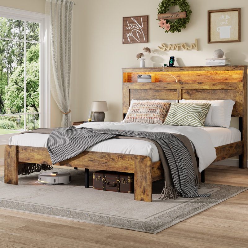 Wooden Farmhouse Bed Frame，Platform Bed Frame With Storage Headboard ，LED Light And Charging Station，Rustic Brown，Queen Size
