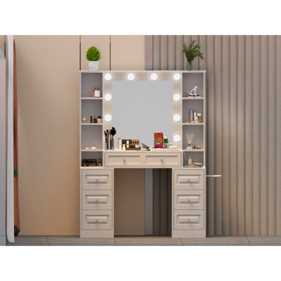 Vanity Desk With With Mirror And Lights,Makeup Vanity Table With Glass Top And  Drawers&Cushioned Stool,Dressing Table With Drawers, Bedroom Makeup Table For Women (White-Glass Top)