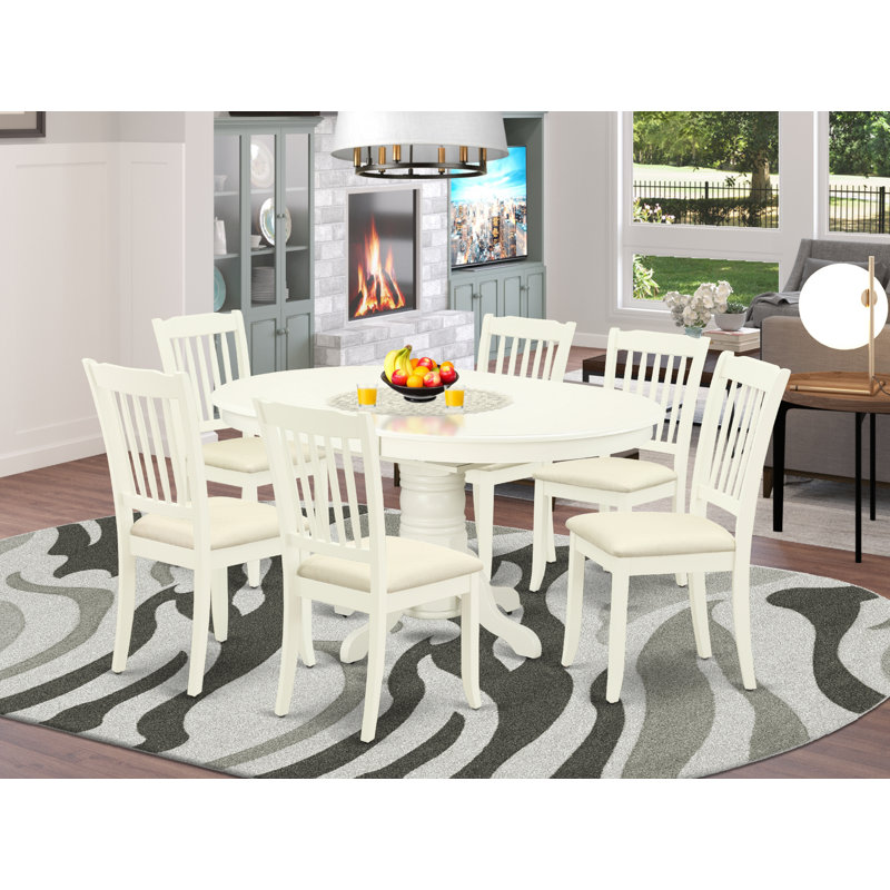 Bridgton Extendable Solid Wood Dining Set, Linen White, 7 Pieces : Table, 6 Chairs, Fabric