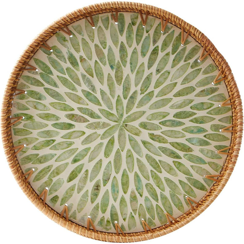Round Rattan Tray With Mother Of Pearl Inlay, Rattan Serving Tray With Wooden Base, Decorative Wicker Basket For Table Decor, Storage And Display Of Coffee Bread Food Fruit (Leaf)