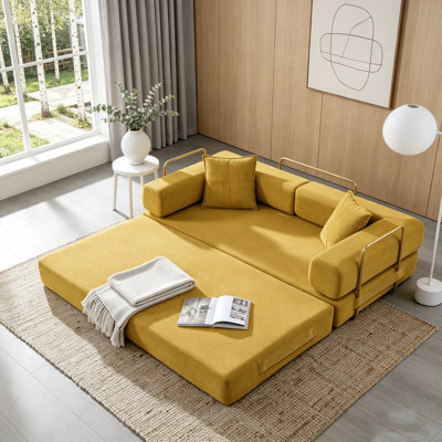 Yellow Corduroy King Size Convertible Sofa Bed with Removable Backrest for Living Room Bedroom