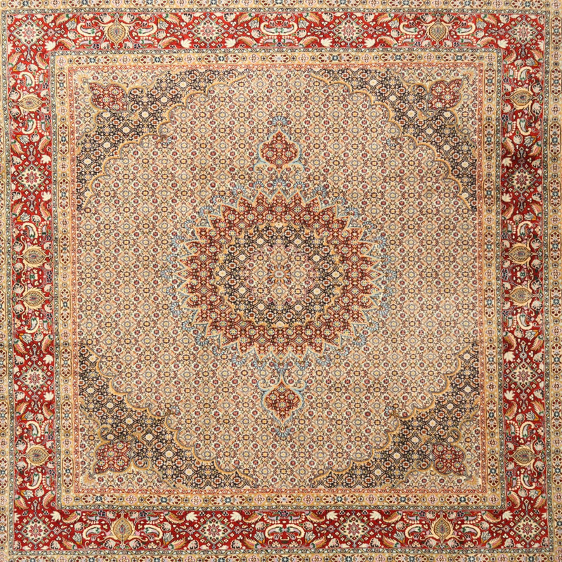 Tapis rouge/beige/noir traditionnel, Carré 5 pi