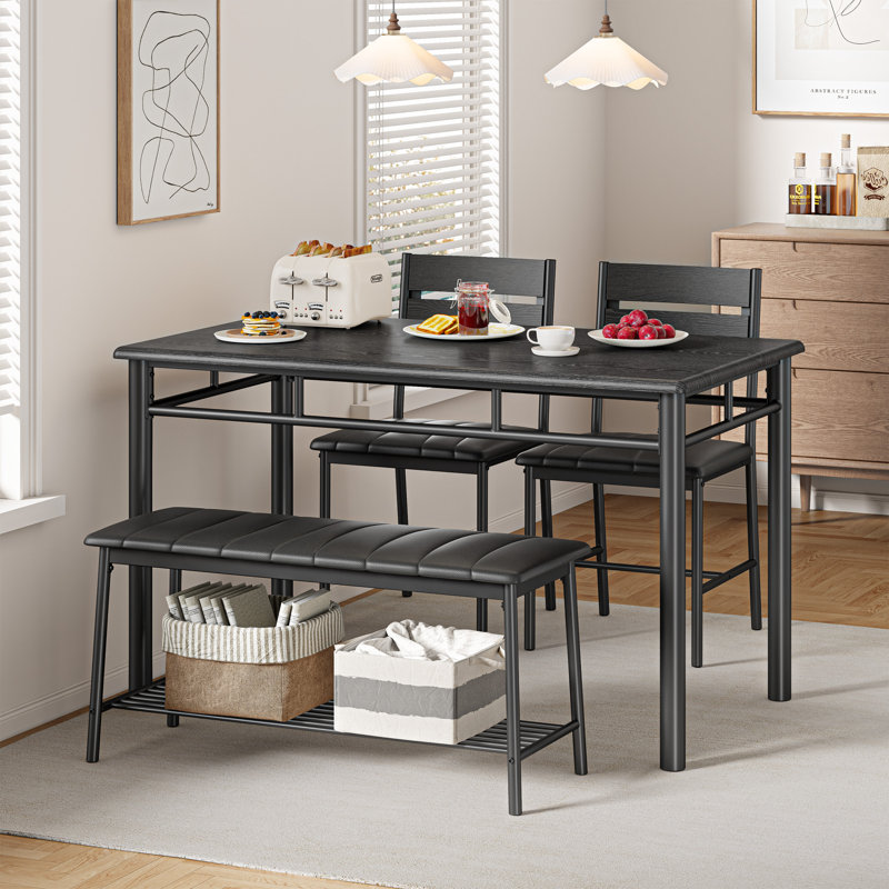 4-Piece Dining Table Set For 4, Kitchen Table With Pu Upholstered Bench and 2 Dining Chairs, Black