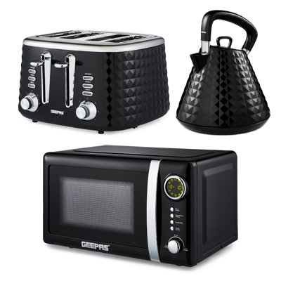 GEEPAS Electric Kettle 4 Slice Bread Toaster & Microwave Kitchen Set | 1.5L Pyramid Kettle 3000W | 4 Slice Toaster with 7 Level Browning Control, 1750W | 700W Digital Microwave 20L
