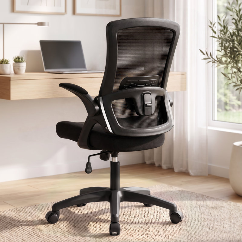 Neeya Ergonomic Mesh Office Chair with Flip-Up Arms, Plastic Base, Without Headrest, Black
